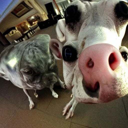 Image similar to fisheye lens photo of the world's ugliest dog