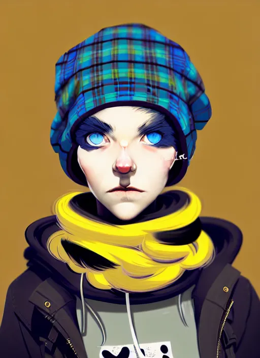 Image similar to highly detailed portrait of a sewer punk lady student, blue eyes, tartan hoody, hat, white hair by atey ghailan, by greg tocchini, by jesper ejsing, gradient yellow, black, brown and cyan color scheme, grunge aesthetic!!! ( ( graffiti tag wall ) )