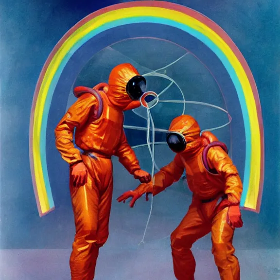 Prompt: two scientists wearing futuristic red hazmat suits entering geometric rainbow crystal portal by frank frazetta
