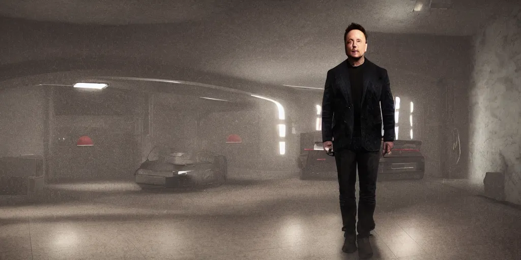 Image similar to elon musk, dark cinematic, volumetric, realistic, 3d render, Realistic Render, Cinematic lighting, Volumetric lighting, atmospheric, cinematic, unreal engine, unreal engine render, octane render, HD, photorealism, hyper realistic, photo, 8K, in the style of Chris Cunnigham, by Wes Anderson