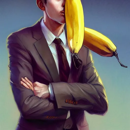 Image similar to banana in a business suit, artists portrait, fantasy, highly detailed, digital painting, concept art, sharp focus, depth of field blur, illustration, art by artgerm and greg rutkowski and alphonse mucha