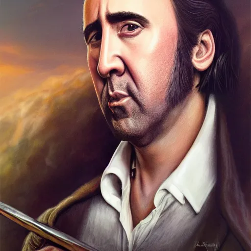 Image similar to a detailed fantasy character portrait of Nicolas Cage as godfather by lauri blank, artgerm, evelyn de morgan, 8K, 50mm lens