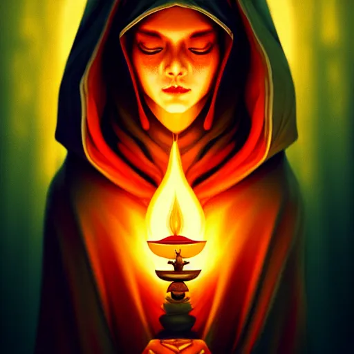 Image similar to ( a priestess with a hood that covers half her face carries an incense burner that emits a pleasantly colored flame. ) by anato finnstark, photorealistic, fullbody portrait, dynamic lighting, beautiful, trending on artstation, wallpaper, 4 k, award winning, digital art, golden huese