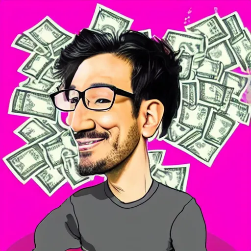 Image similar to a caricature of Markiplier inside a shower full of money which covers his body.