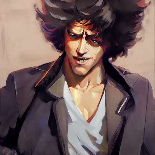 Image similar to greg manchess portrait painting of spike spiegel as overwatch character, totally whack, medium shot, asymmetrical, profile picture, organic painting, sunny day, matte painting, bold shapes, hard edges, street art, trending on artstation, by huang guangjian and gil elvgren and sachin teng
