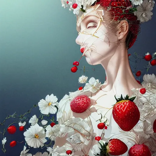 Image similar to the portrait of an absurdly beautiful, graceful, elegant, sophisticated, fashionable woman made of strawberries and white petals looking down, an ultrafine hyperdetailed illustration by kim jung gi, irakli nadar, intricate linework, bright colors, octopath traveler, final fantasy, unreal engine 5 highly rendered, global illumination, radiant light, detailed and intricate environment