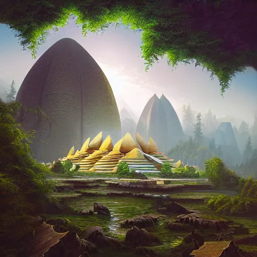 Image similar to A beautiful hyper realistic detailed matte painting of a lotus shaped temple nestled in forest mountains by John Howe and Albert Bierstadt and Alena Aenami and dan mumford and dave noton, unreal engine, trending on behance