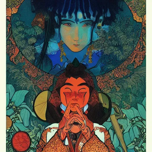 Prompt: detailed ivan bilibin and edmund dulac and ilya kuvshinov and katsuhiro otomo inspired print