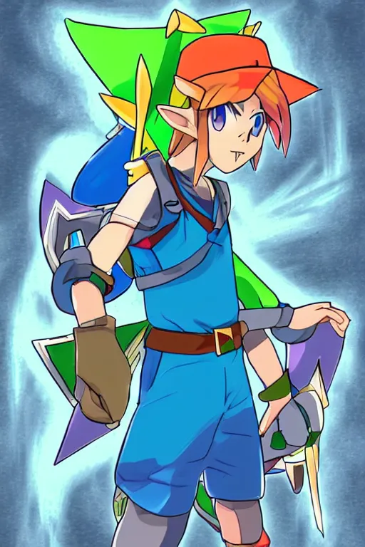 Image similar to an in game portrait of link as a pokemon trainer from pokemon arceus, pokemon arceus art style.