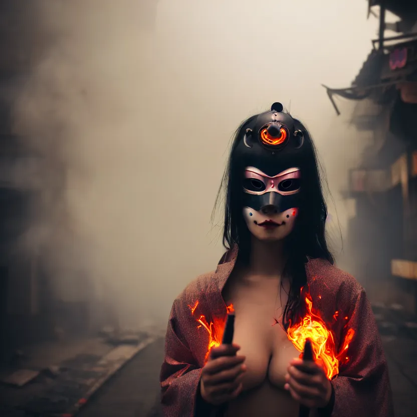 Image similar to a photo close up cyberpunk woman, wearing japanese mask, fire dance in cyberpunk dirty alley, smoke mist rain, cyberpunk gunma prefecture, midnight, photorealistic, cinematic color, studio lighting, highly detailed, bokeh, style by tomino - sama