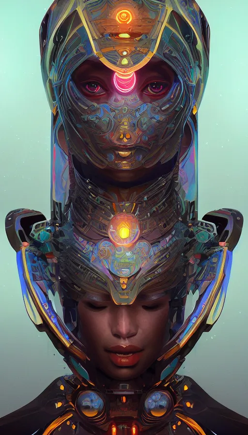 Prompt: Character design of a scifi psychedelic robot shaman, symmetrical, center punched, Archviz, elegant, intricate, digital painting, artstation, concept art, smooth, sharp focus, illustration, art by artgerm and greg rutkowski and alphonse mucha