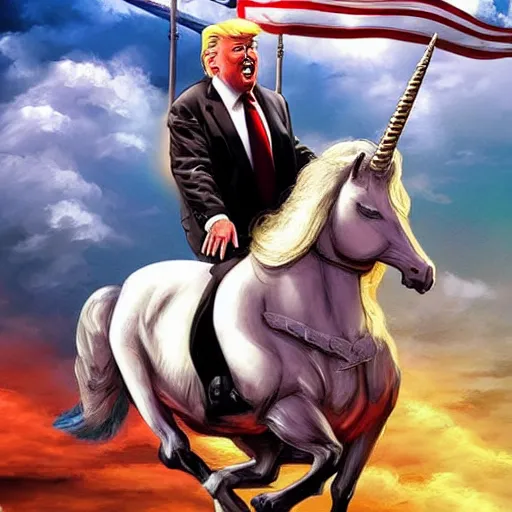 Image similar to Donald Trump riding a unicorn. digital art by Simon Bisley