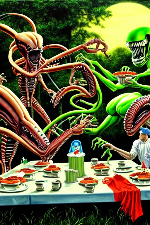 Image similar to a hyperrealistic painting of a xenomorph tea party picnic at the park, by chris cunningham and richard corben, highly detailed, vivid color,