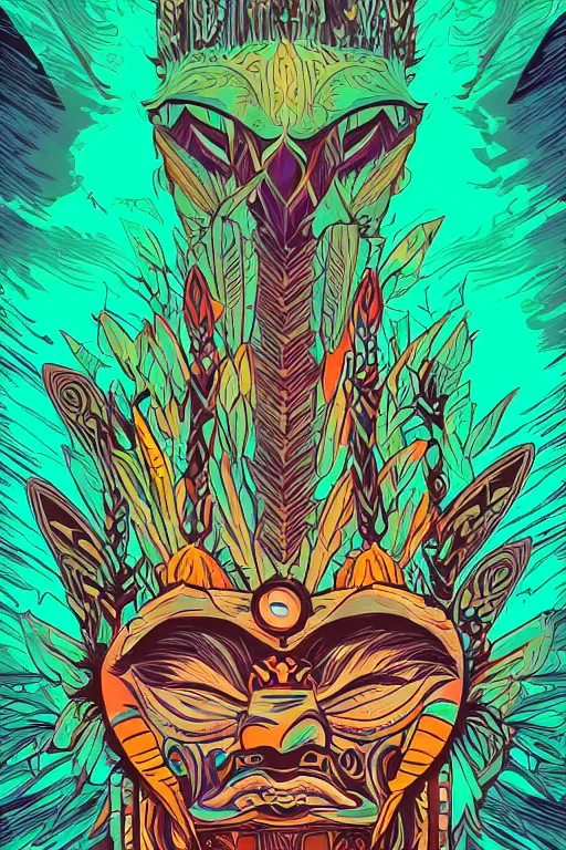 Image similar to totem animal mask tribal feather gemstone plant wood rock shaman vodoo video game vector illustration vivid multicolor borderlands comics by josan gonzales and dan mumford radiating a glowing aura