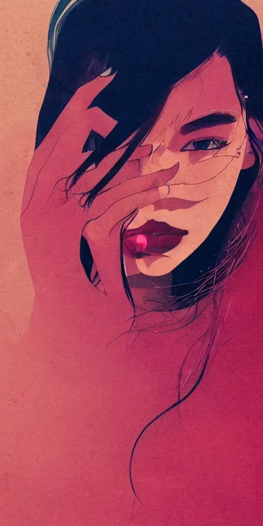 Prompt: candid!! long portrait of a very very beautiful! young filipino woman with narrow face, large eyes and flowing long hair, swirling dreamy smoke and fog is coming from her mouth, face partially obscured, by conrad roset, abstract background, dramatic lighting, trending on artstation