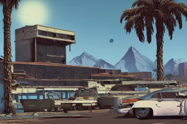 Image similar to broken robot | abandoned motel | palm trees | snowy mountains | moon in sky, painting by syd mead and weta studio and moebius and james jean and frank frazetta, gta san - andreas game screenshot, highly detailed, rule of third, soft lighting, architectural magazine, insanely intricate details, artstation trending, hypermaximalistic, high details, cinematic