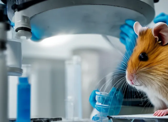 Image similar to film still of a hamster working in a research lab finding the cure for cancer, 8 k