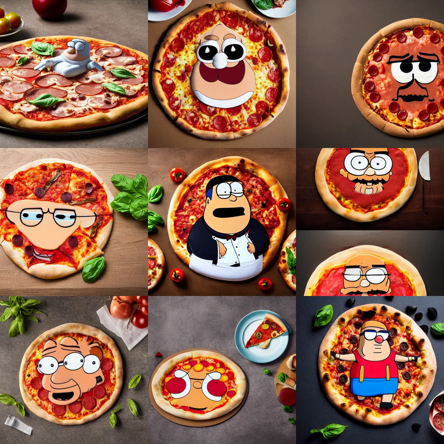 Prompt: a pizza, in the shape of peter griffin, on a table, professional food photography