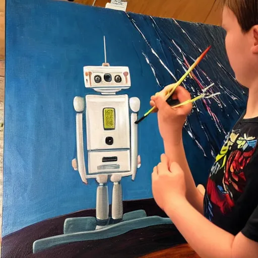 Prompt: a robot stood next to a painting which he is creating, painting on a canvas, highly detailed, dramatic, award winning