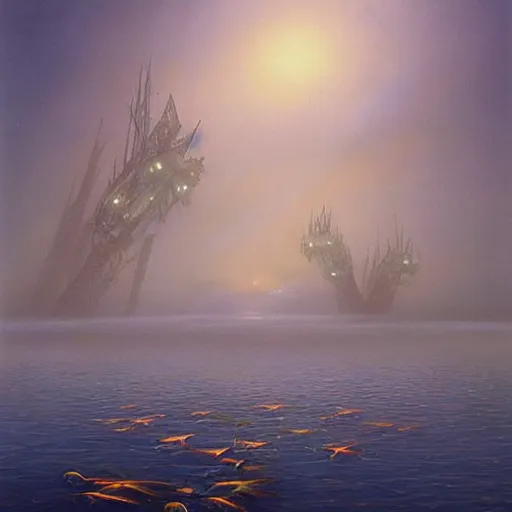 Prompt: semi translucent 90s tech in LED lit axlotyl tanks submerged in the fog continuum, hyperdetailed painting by Michael Whelan, Vladimir Kush