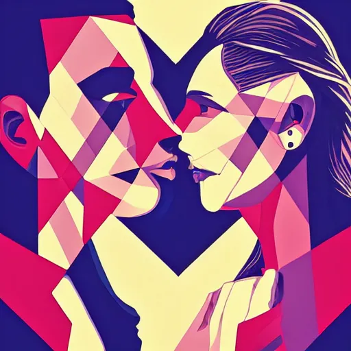 Image similar to perfectly centered geometrical symmetrical split male and female portrait of man and woman in love sharing one heart. illustration, highly detailed, simple, no jagged lines, smooth, artstation, artwork by obey, artwork by sandra chevrier