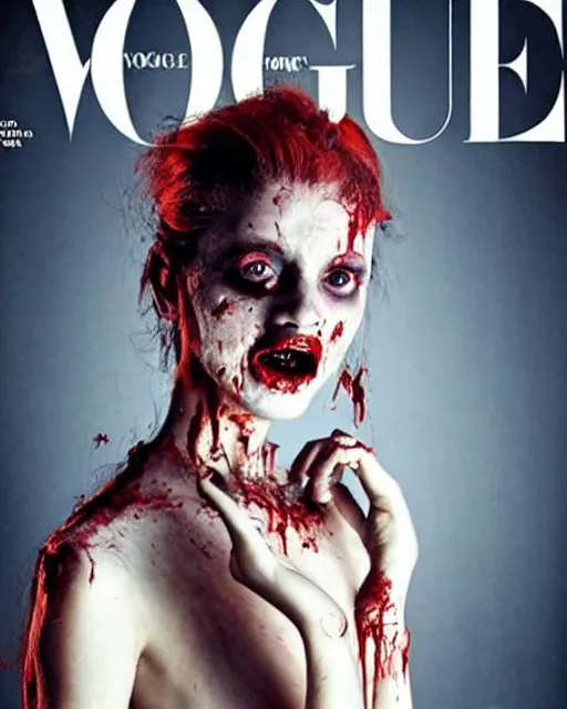 Prompt: a zombie poses for the cover of vogue magazine