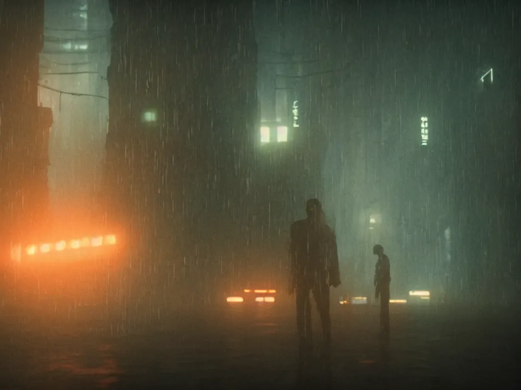 Prompt: Moonmoon close up film still from Blade Runner 2049, beautiful lighting, raining, neon lights, cinematic depth, ultra sharp