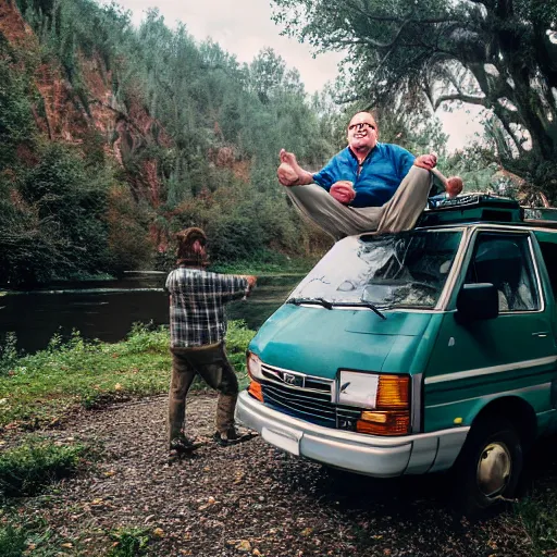 Prompt: Matt Foley living in a van down by the River, EOS 5DS R, ISO100, f/8, 1/125, 84mm, RAW Dual Pixel, Dolby Vision, Adobe