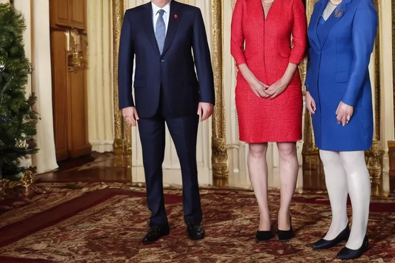 Image similar to full body official photo portrait of a prime minister and his two girlfriends