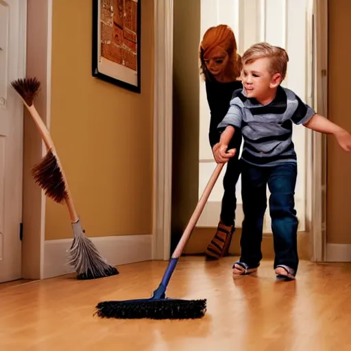 Prompt: a family chasing a bat around a room with a broom and a plastic bin.