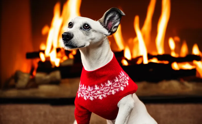 Prompt: ultra detailed studio photography of a dog wearing a woolen christmas sweater with a fireplace background, detailed face, cinematic lighting, 8 k
