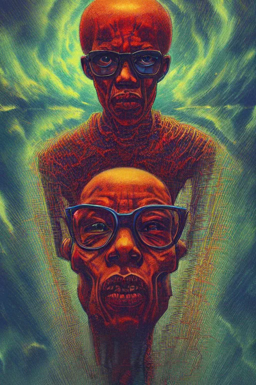 Image similar to 4K Malcom X cyberskull portrait inspired in beksinski and dan mumford work, remixed with Simon Stalenhag work, sitting on the cosmic cloudscape