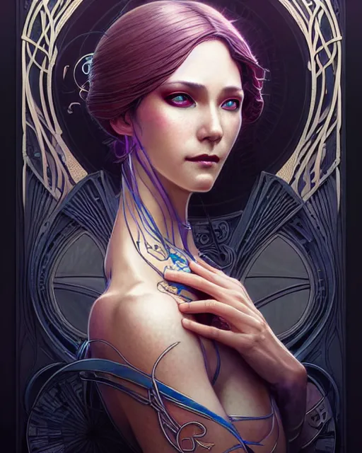 Image similar to Beautiful ethereal cyberpunk woman in her fifties, art nouveau, fantasy, intricate flower designs, elegant, highly detailed, sharp focus, art by Artgerm and Greg Rutkowski and WLOP