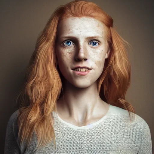 Image similar to Portrait of a Strawberry-Blonde Girl, Young Beautiful Face, Green Eyes, Freckles, Wearing a white crop-top and jeans, with a subtle smile, Detailed, 8K, Epic, Charming, Character, Octane Rendering, Hyper Realistic