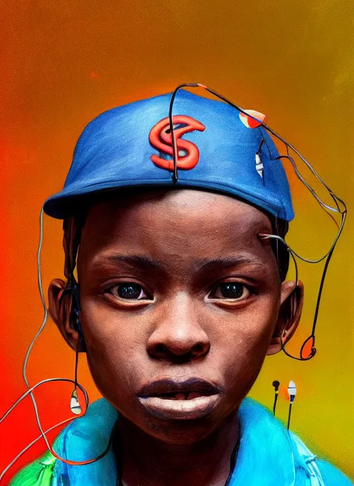 Prompt: colourful vfx portrait - art of an african boy wearing a baseball cap with wires and computer chips dangling from its inside, art by james jean, volumetric light, dramatic lighting, ray tracing, digital painting, digital illustration, claymation style, unreal engine render, sharp, intricate detail, behance, artstation, pinterest,