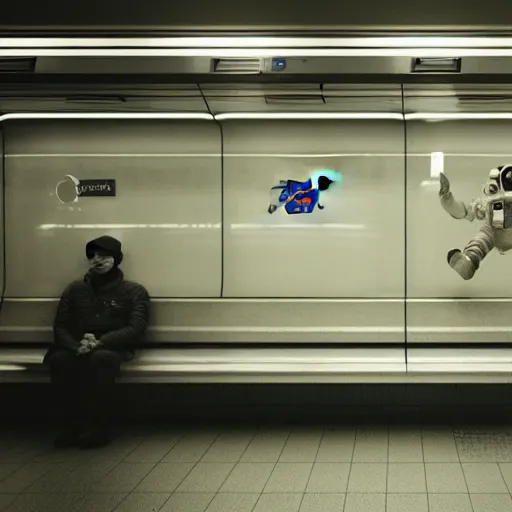 Image similar to a beautiful photo of an astronaut waiting in a subway station, 1970', soft light, morning light, photorealistic, realistic, octane, 8k, cinematic shot