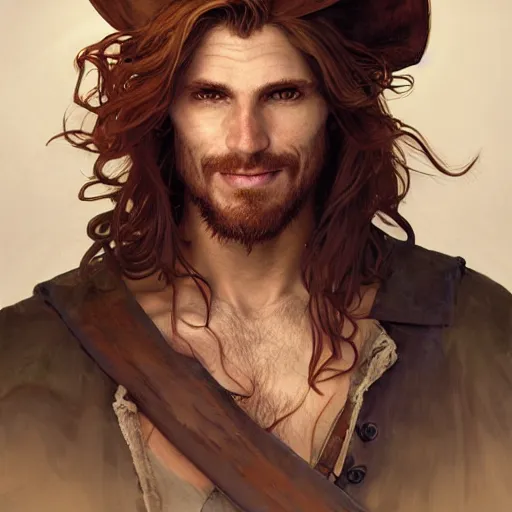 Image similar to portrait of a young ruggedly handsome but joyful pirate, male, masculine, upper body, crimson hair, long hair, d & d, fantasy, smirk, intricate, elegant, highly detailed, digital painting, artstation, concept art, matte, sharp focus, illustration, art by artgerm and greg rutkowski and alphonse mucha