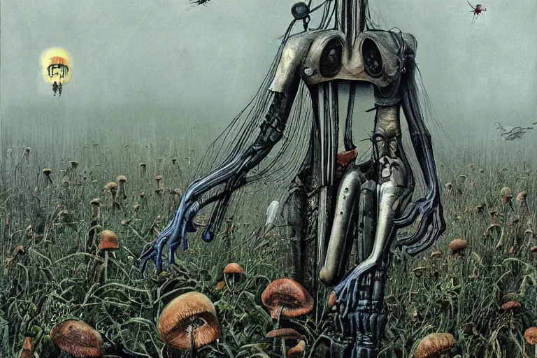 Prompt: surreal painting by h. r. giger and enki bilal!!, a lot of garden wild flowers + poison toxic mushrooms + long grass + garden dwarfs + giant fly! + mystic fog, 5 0's vintage sci - fi style, rule of third!!!!, cinematic, 8 k, super detailed, high quality
