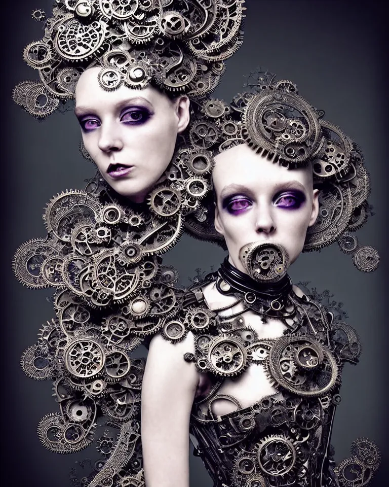 Image similar to highly detailed photo full body portrait of complex bio-mechanical beautiful young female demonic cyborg with a Mandelbrot fractal steampunk metal fine lace face, retrofuturistic depressing hopeless horrific vibe, radiating dark energy aura, curled silver hair and a fine metal floral foliage super big lace collar by Alexander McQueen:: high fashion, haute couture, rococo, steampunk, silver filigree details, anatomical, facial muscles, cable wires, microchip, elegant, hyper realistic, 150 mm lens, soft rim light, octane render, unreal engine, volumetric lighting, 8k, muted reflective metallic coloring, sharp focus