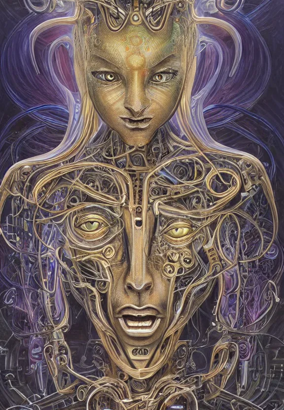 Prompt: perfectly centered portrait, front view of a beautiful biomechanical cyberpunk alien android robot buddha, female, flowing hair, intense stare, sarcastic smile, symmetrical, concept art, intricate detail, volumetric shadows and lighting, realistic oil painting by alex grey and gustave dore,