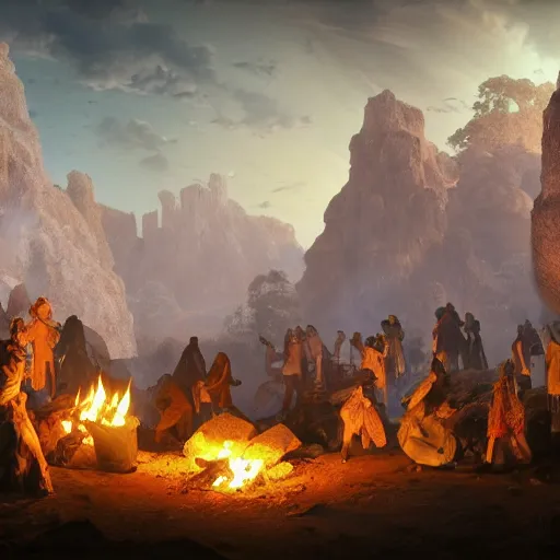 Prompt: medieval people dancing in a cave around a campfire, many minerals and crystals growing out of the ground, matte painting, 4k, very detailed, unreal 5