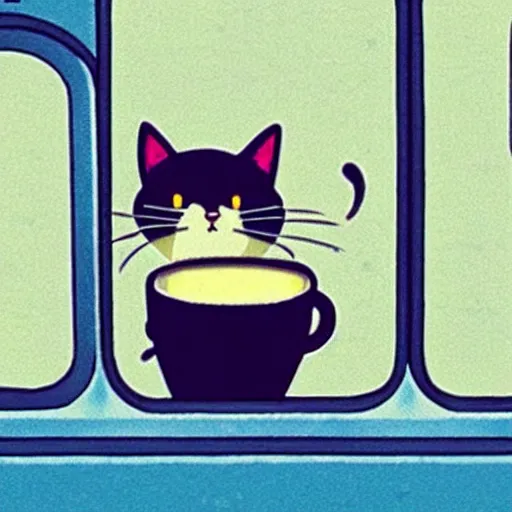 Image similar to “ unhappy cat wearing a suit holding coffee riding the subway, studio ghibli, spirited away, anime, by hayao miyazaki ”