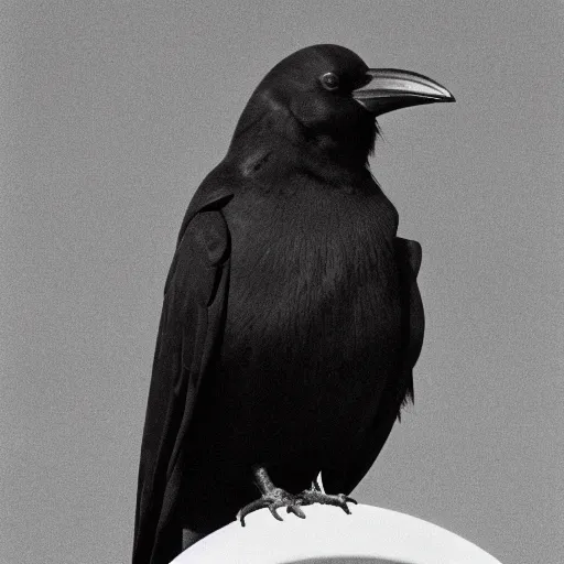 Image similar to close up of a obese crow with a round body short legs and large black beak sitting in a black stone obelisk, high resolution film still, film by Jon Favreau