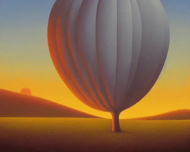 Image similar to a painting of an unimaginably beautiful landscape at golden hour, an ultrafine detailed painting by rafal olbinski, behance contest winner, pop surrealism, detailed painting, very detailed, minimalist, skeuomorphic, airbrush art