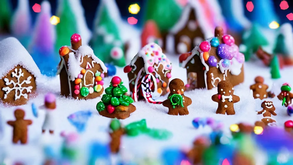 Image similar to closeup of miniature gingerbread candy village, colorful, fantasy, fairytale, forest, halloween, snow, bokeh, depth of field 1 0 0 mm, cinematic scene, studio quality, visually stunning, unreal engine, octane render, trending on artstation, artgerm, cgsociety