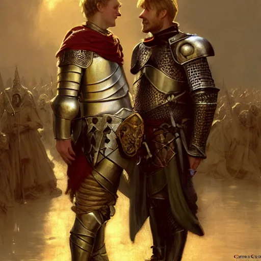 Image similar to attractive arthur pendragon and his favourite attractive male knight, they are in love, camelot, natural lighting, path traced, highly detailed, high quality, digital painting, by gaston bussiere, craig mullins, j. c. leyendecker