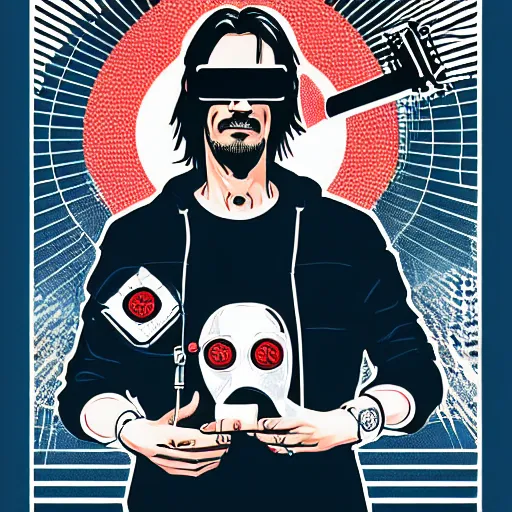 Image similar to Illustrated by Shepard Fairey and H.R. Geiger | Cyberpunk Keanu Reevse with VR helmet, surrounded by cables