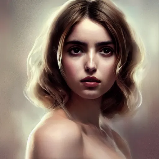 Image similar to portrait of beautiful happy young ana de armas wearing a beautiful silky white dress, painted by greg rutkowski, stanley artgerm, igor kieryluk, coherent, hyper realistic