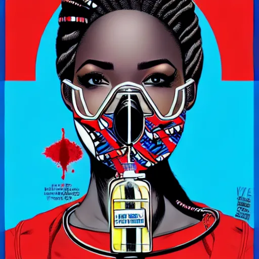 Prompt: a profile photo of a african woman with a diving oxygen mask with side profile blood in ocean intricate details by MARVEL comics and Sandra Chevrier-C