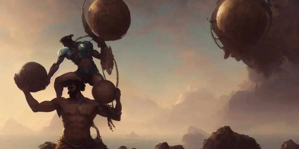 Prompt: atlas carrying the earth on his shoulders, greek mythology, extremely detailed digital painting, in the style of fenghua zhong and ruan jia and jeremy lipking and peter mohrbacher, mystical colors, rim light, beautiful lighting, 4 k, stunning scene, raytracing, octane, trending on artstation
